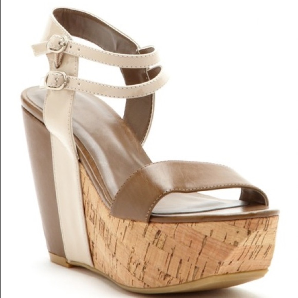 Chinese Laundry Nude and Taupe Cork Wedge Sandals